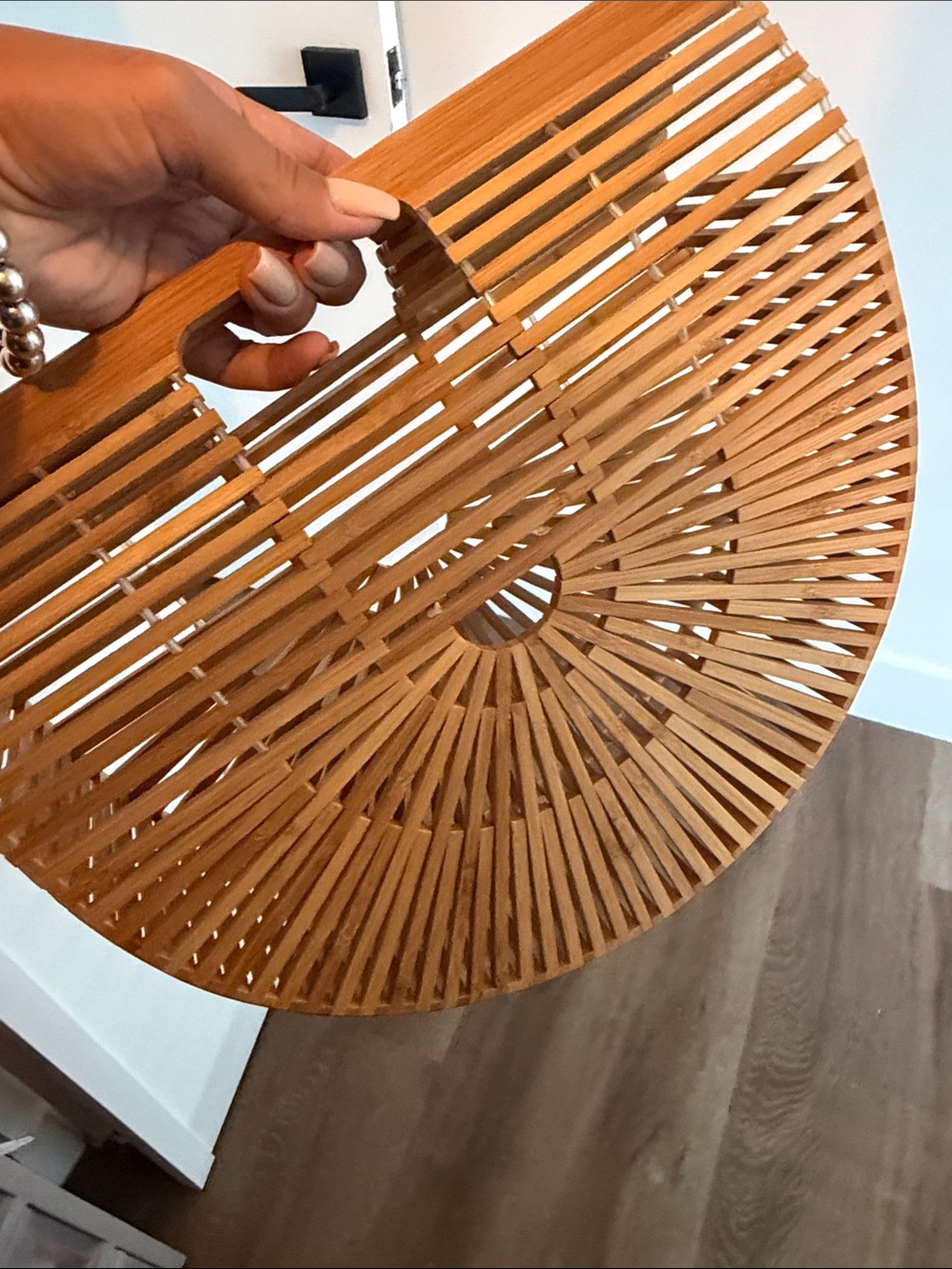 Handwoven Semi-Circle Bamboo Crossbody Bag in Natural Brown